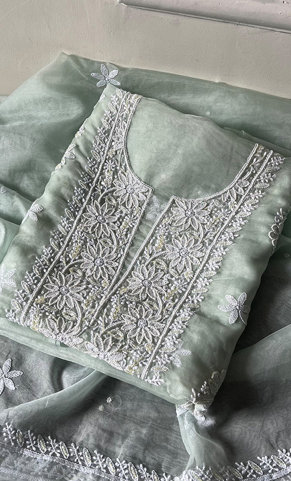 Women's Lakhnavi Handcrafted Organza Chikankari Unstitched Full Suit Material - HONC0270896
