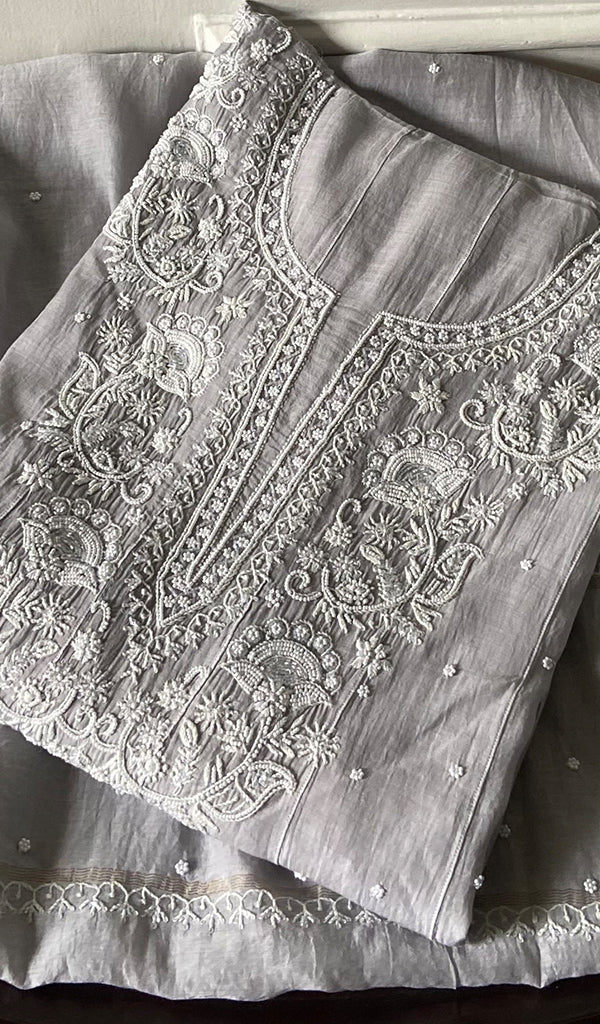 Basma Women's Lucknowi Handcrafted Mul Chanderi Semi - stitched Chikankari Anarkali Full Set - HONC0355629