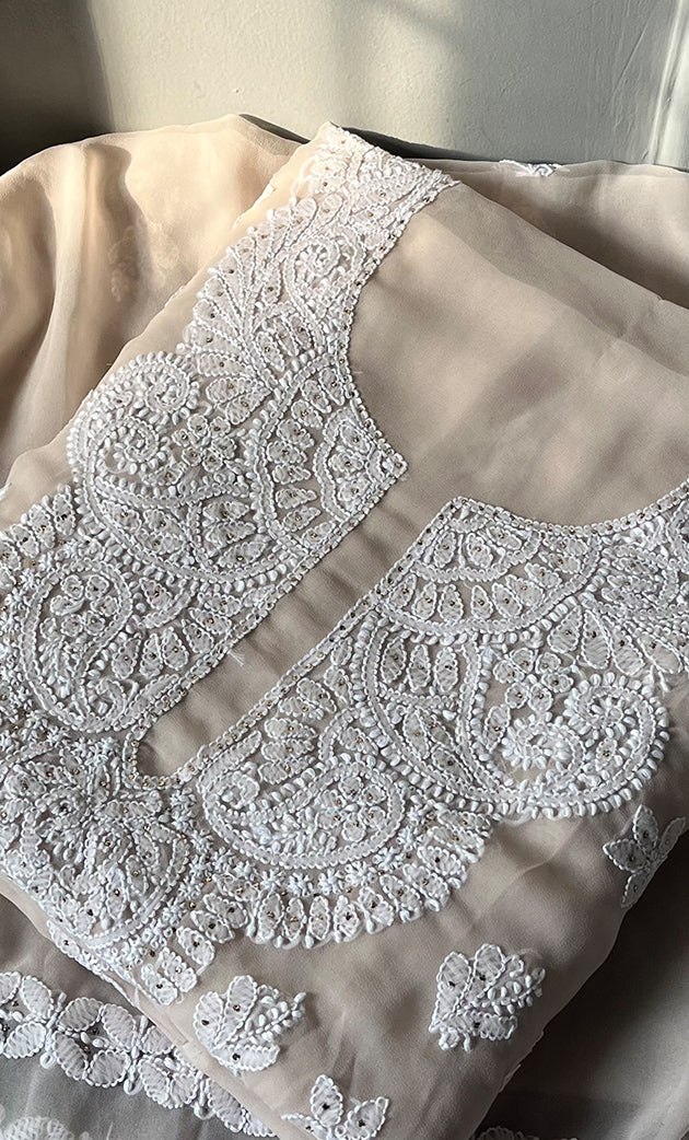Women's Lakhnavi Handcrafted Unstitched Faux-Georgette Chikankari Suit Material - HONC0263063