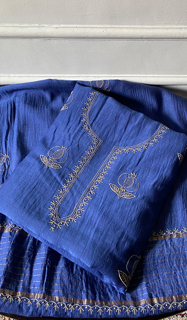 Women's Lakhnavi Handcrafted Mul Chanderi Unstitched Chikankari Full Suit Material - HONC0345266