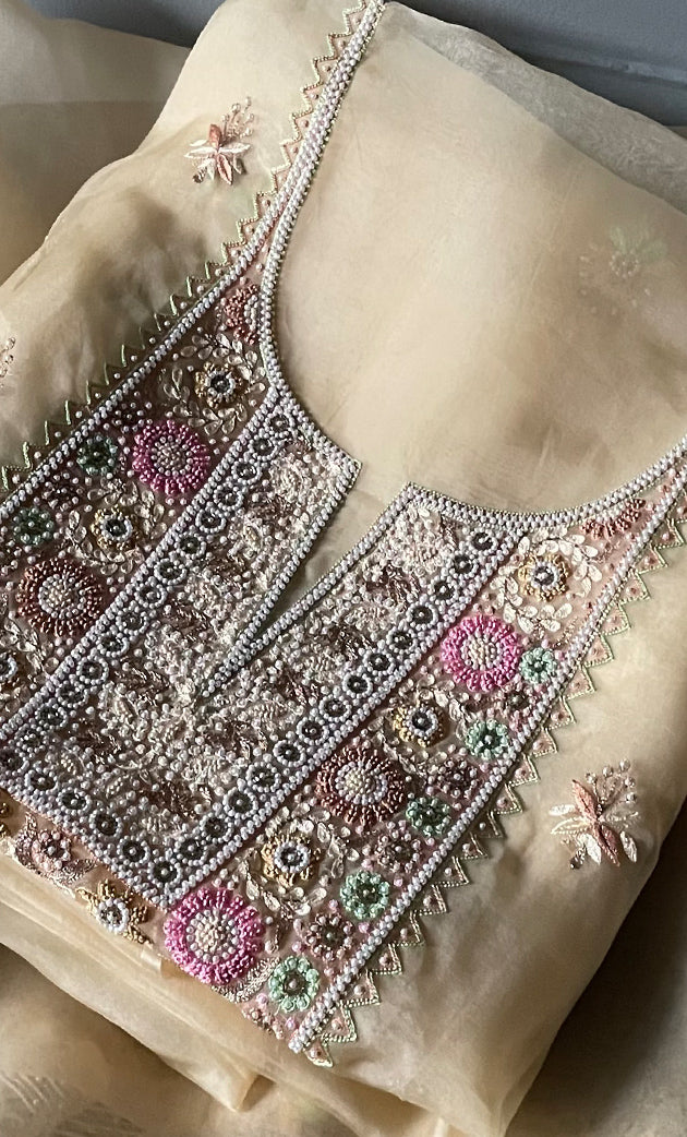 Women's Lakhnavi Handcrafted Pure Organza Chikankari Unstitched Kurta And Dupatta Set- HONC0267234