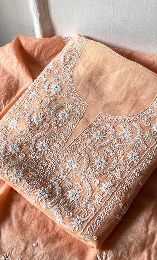 Women's Lakhnavi Handcrafted Unstitched Mul Chanderi Kurta And Dupatta Set - HONC0321794