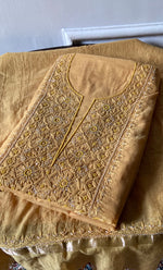 Load image into Gallery viewer, Women's Lakhnavi Handcrafted Mul Chanderi Unstitched Chikankari Full Suit Material - HONC0328113