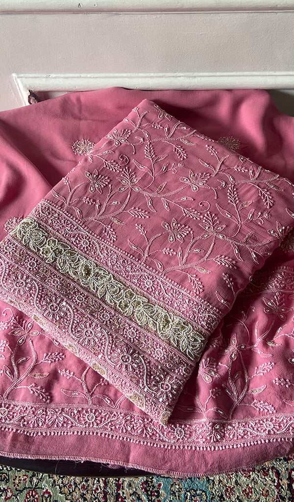 Women's Lakhnavi Handcrafted Pure Silk Georgette Chikankari Kurta And Dupatta Set - HONC0271642