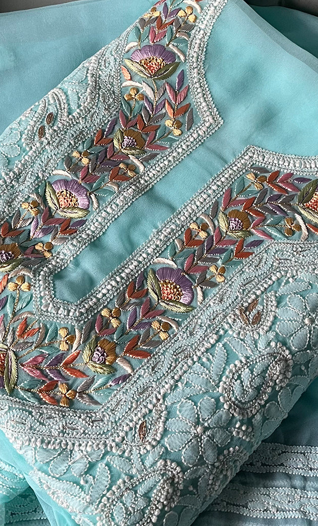 Women's Lakhnavi Handcrafted Unstitched Faux-Georgette Chikankari Suit Material - HONC0291830