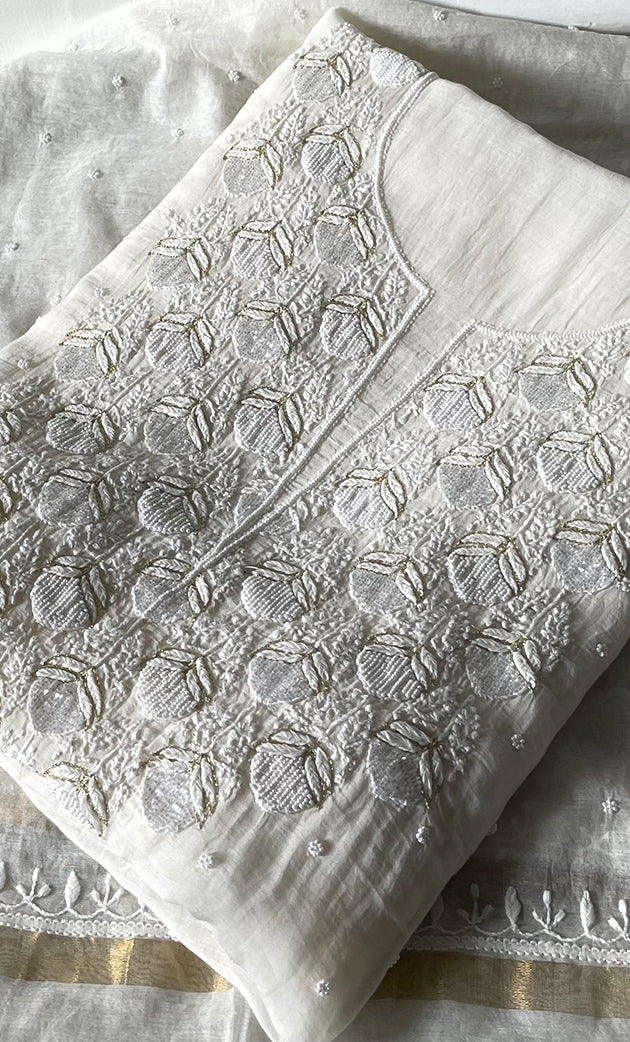 Jazba Women's Lakhnavi Handcrafted Mul Chanderi UnStitched Kurta And Dupatta Set - HONC0320806