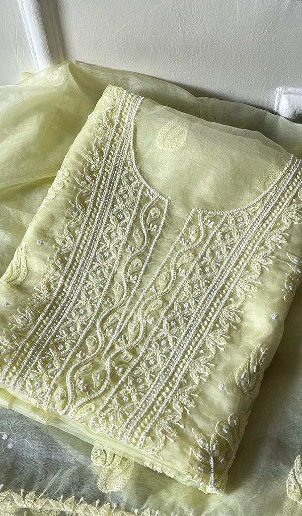Women's Lakhnavi Handcrafted Organza Chikankari Unstitched Full Suit Material - HONC0271221