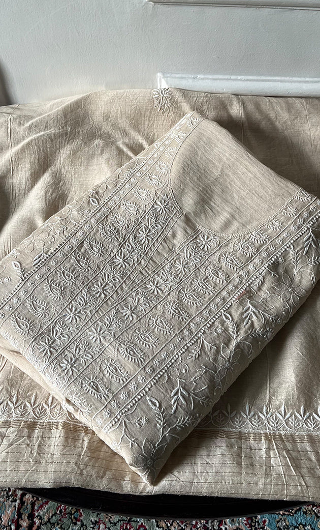 Women's Lakhnavi Handcrafted Unstitched Munga Silk Chikankari Kurta And Dupatta Set- HONC0337755