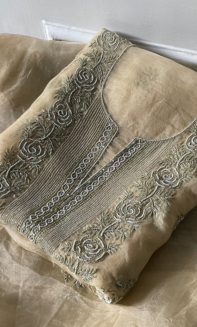 Women's Lakhnavi Handcrafted Pure Organza Chikankari Unstitched Kurta And Dupatta Set- HONC0310183