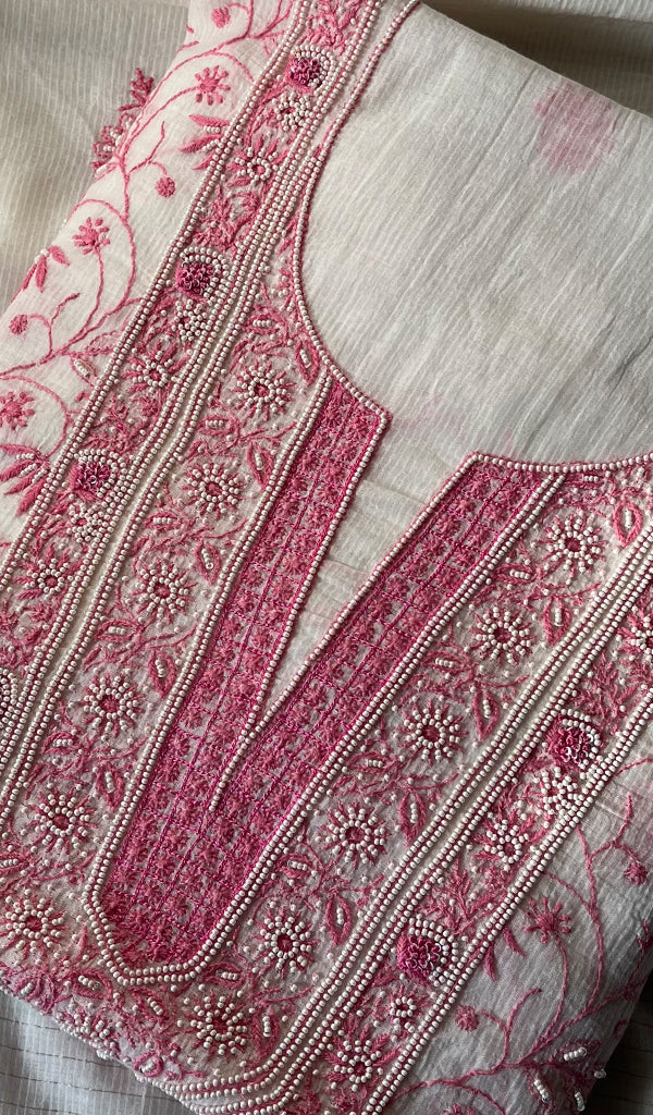 Women's Lakhnavi Handcrafted Maheshwari Mul Chanderi Unstitched Kurta And Dupatta Set - HONC0270648
