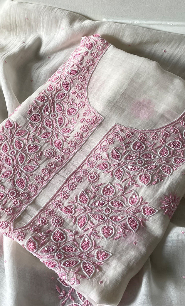 Women's Lakhnavi Handcrafted Unstitched Mul Chanderi Kurta And Dupatta Set - HONC0317815