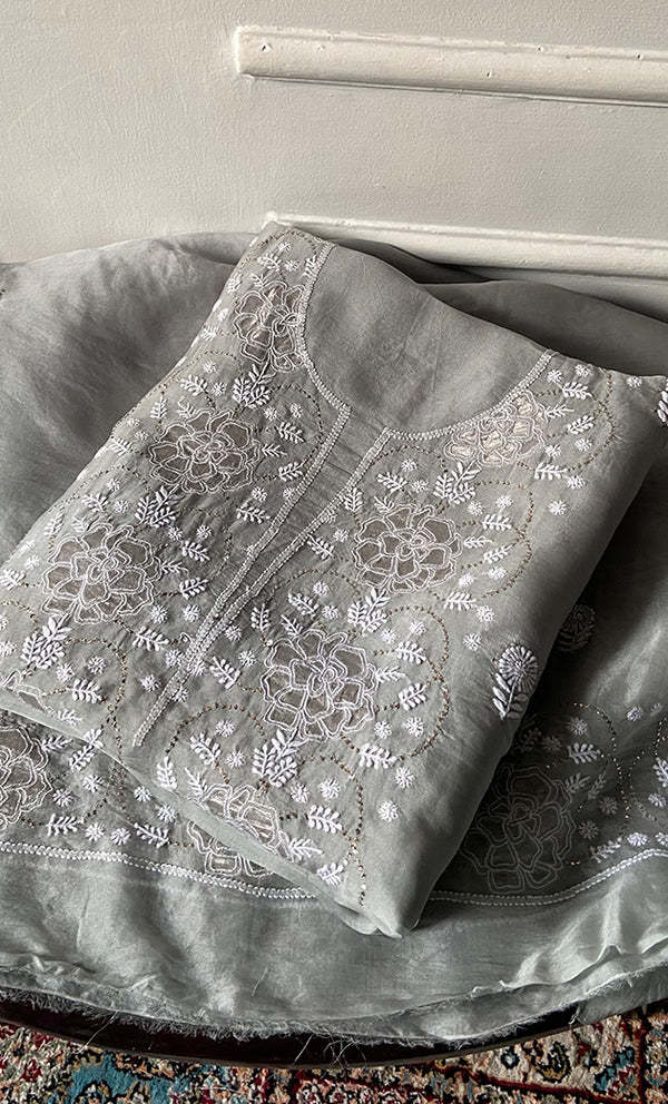 Mainaaj Women's Lakhnavi Handcrafted Pure Organza Chikankari Unstitched Kurta And Dupatta Set- HONC0256615