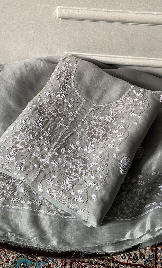 Mainaaj Women's Lakhnavi Handcrafted Pure Organza Chikankari Unstitched Kurta And Dupatta Set- HONC0256615