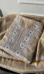Load image into Gallery viewer, Women's Lakhnavi Handcrafted Tissue Chanderi Unstitched Chikankari Kurta And Dupatta Set - HONC0332082