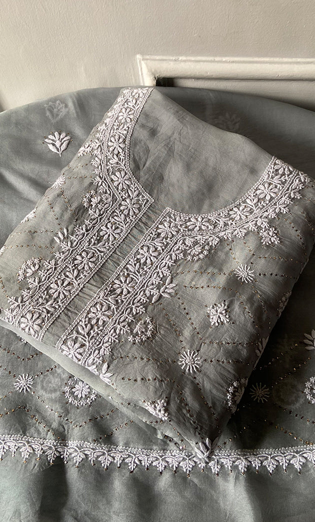 Rubi Women's Lakhnavi Handcrafted Pure Organza Chikankari Unstitched Kurta And Dupatta Set-  HONC0326309