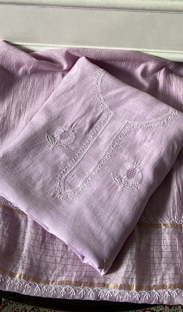Women's Lakhnavi Handcrafted Chanderi Silk Unstitched Chikankari Full Suit - HONC0345270
