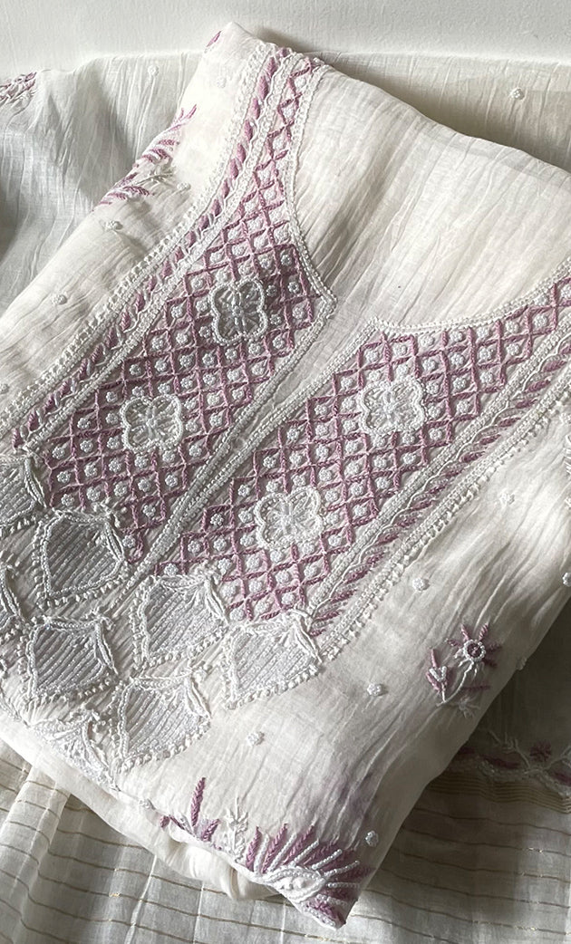 Women's Lakhnavi Handcrafted Unstitched Mul Chanderi Kurta And Dupatta Set - HONC0319478