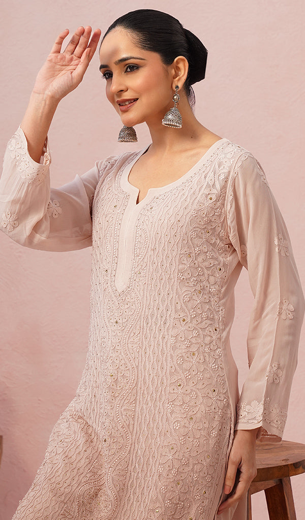 Yusra Women's Lakhnavi Handcrafted Viscose Georgette Chikankari Kurti - HONC0566444