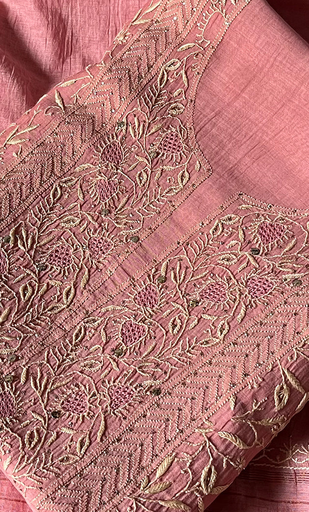 Women's Lakhnavi Handcrafted Mul Chanderi Unstitched Kurta And Dupatta Set- HONC0280876