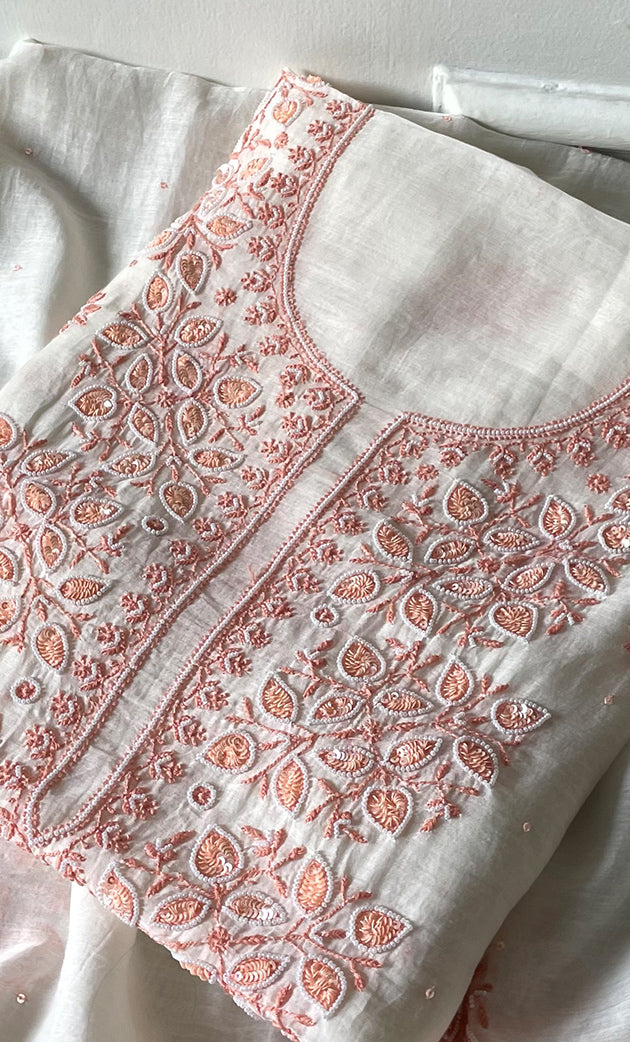 Women's Lakhnavi Handcrafted Unstitchd Mul Chanderi Kurta And Dupatta Set - HONC0317812