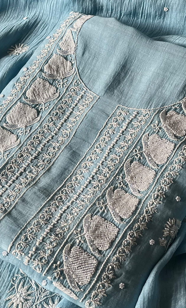 Women's Lakhnavi Handcrafted Mul Chanderi Unstitched Kurta And Dupatta Set - HONC0307416