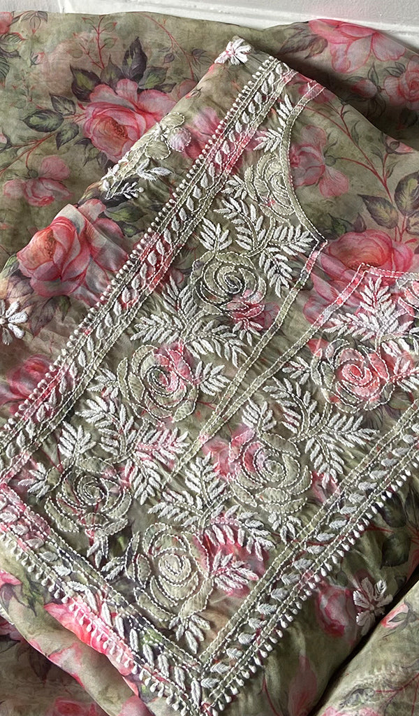 Women's Lakhnavi Handcrafted Organza Chikankari Unstitched Kurta And Dupatta Set - HONC0332133