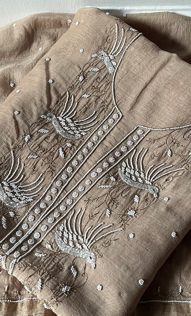 Chidiya Women's Lakhnavi Handcrafted Mul Chanderi Unstitched Chikankari Full Suit Material - HONC0330322