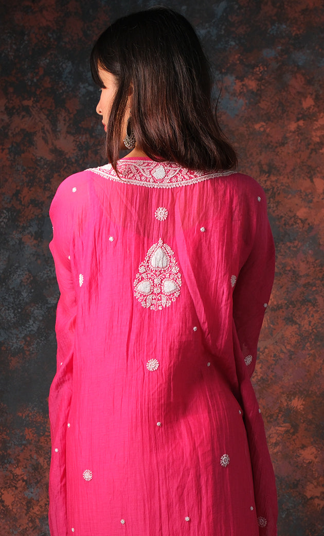 Rabia Women's Lucknowi Handcrafted Mul chanderi Chikankari Kaftan - HONC0304368