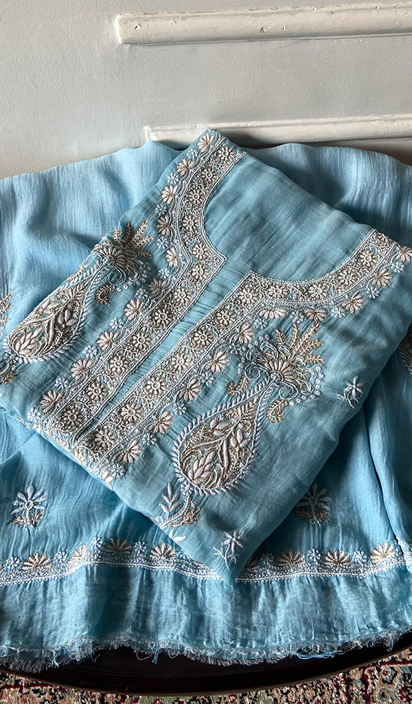 Women's Lakhnavi Handcrafted Mul Chanderi Unstitched Kurta And Dupatta Set - HONC0365693