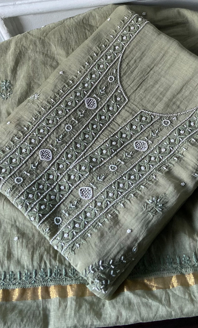 Women's Lakhnavi Handcrafted Mul Chanderi UnStitched Kurta And Dupatta Set - HONC0310811