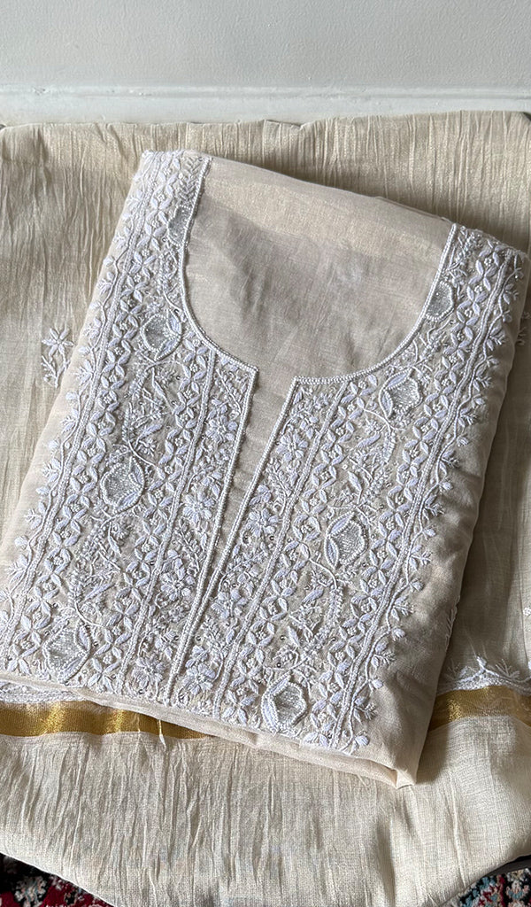 Women's Lakhnavi Handcrafted Tissue Chanderi Unstitched Chikankari Kurta And Dupatta Set - HONC0366814