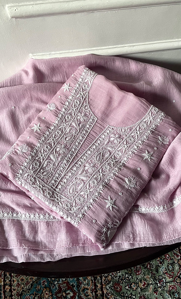 Women's Lakhnavi Handcrafted Unstitched Mul Chanderi Kurta And Dupatta Set - HONC0329033