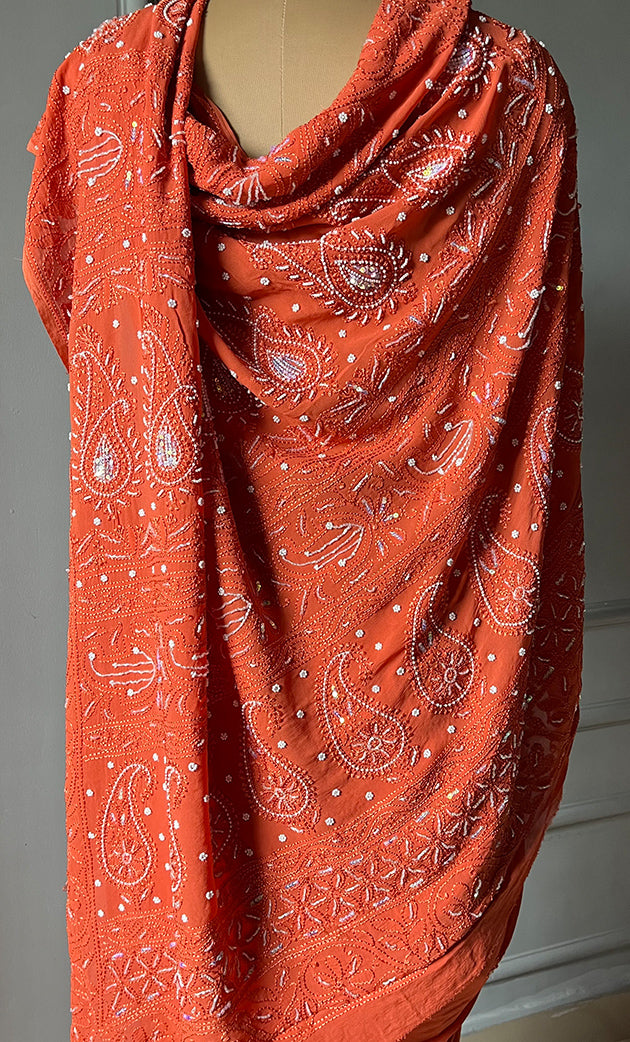 Women's Lakhnavi Handcrafted Viscose Georgette Chikankari Saree - HONC0290058