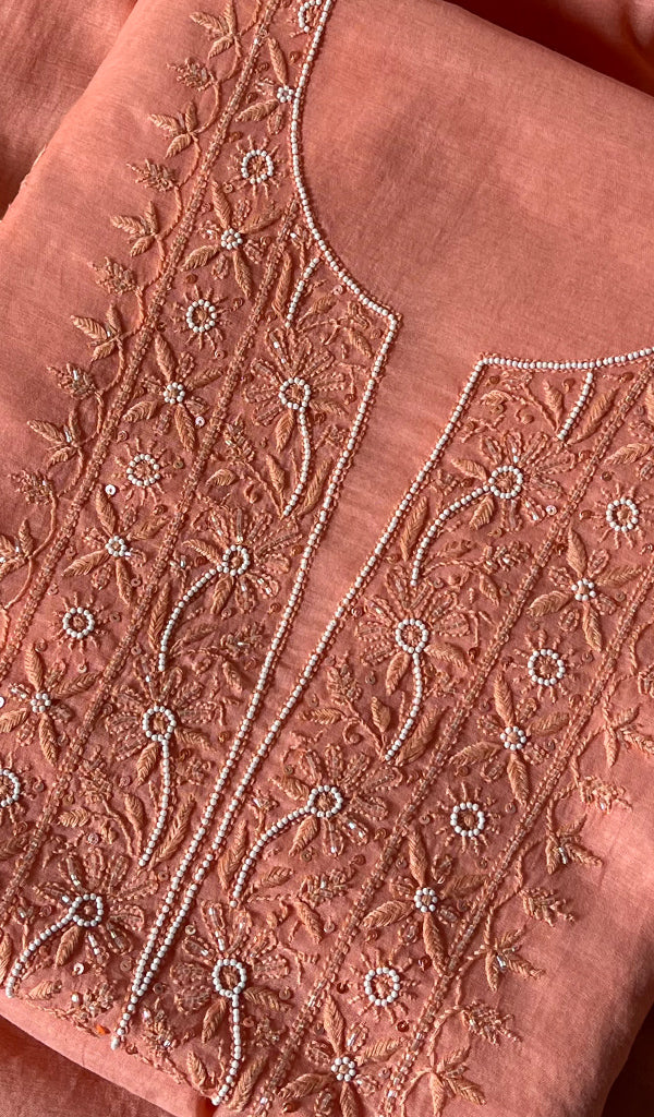 Women's Lakhnavi Handcrafted Mul Chanderi Chikankari Full Suit Material - HONC0271175