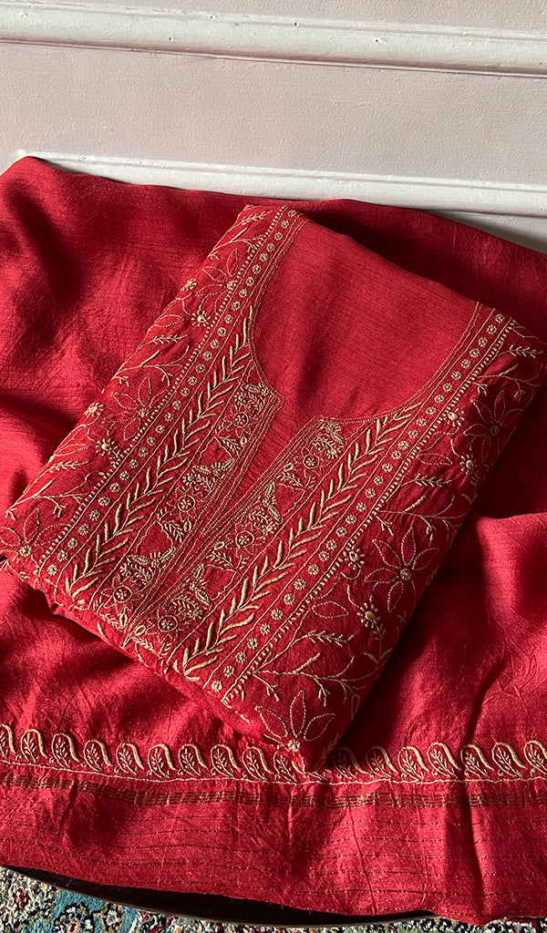 Women's Lakhnavi Handcrafted Unstitched Munga Silk Chikankari Kurta And Dupatta Set- HONC0357038
