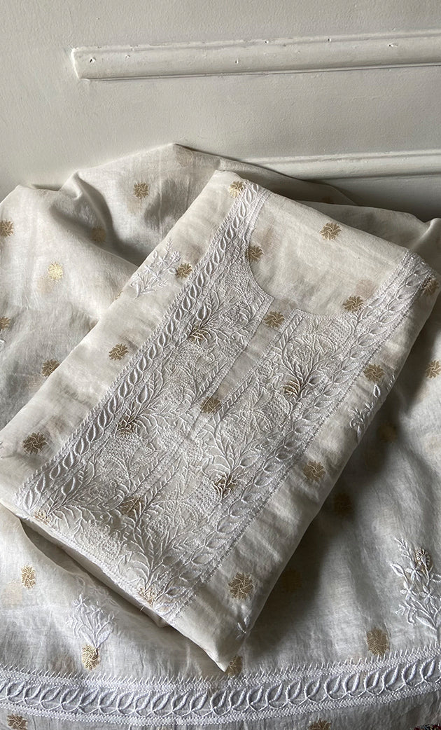 Women's Lakhnavi Handcrafted Unstitchd Mul Chanderi Kurta And Dupatta Set - HONC0341045