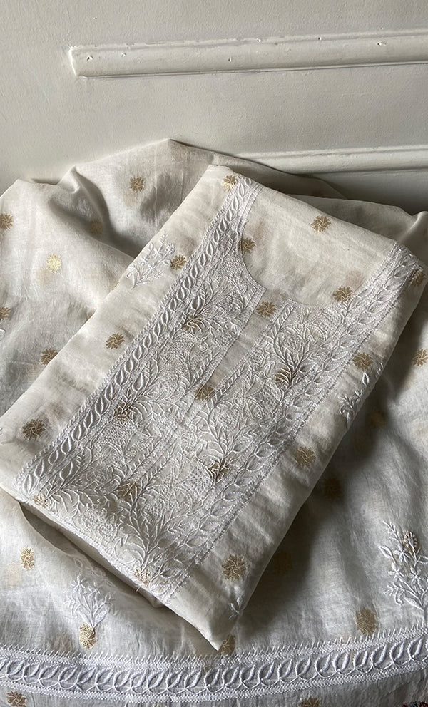 Women's Lakhnavi Handcrafted Unstitchd Mul Chanderi Kurta And Dupatta Set - HONC0341045