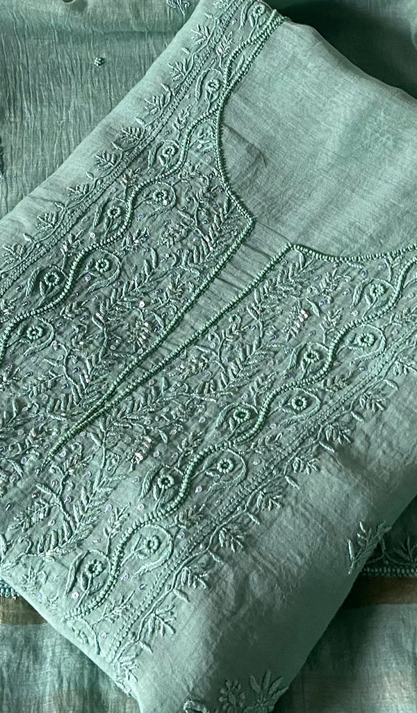 Women's Lakhnavi Handcrafted Mul Chanderi Unstitched Chikankari Full Suit Material - HONC0345043