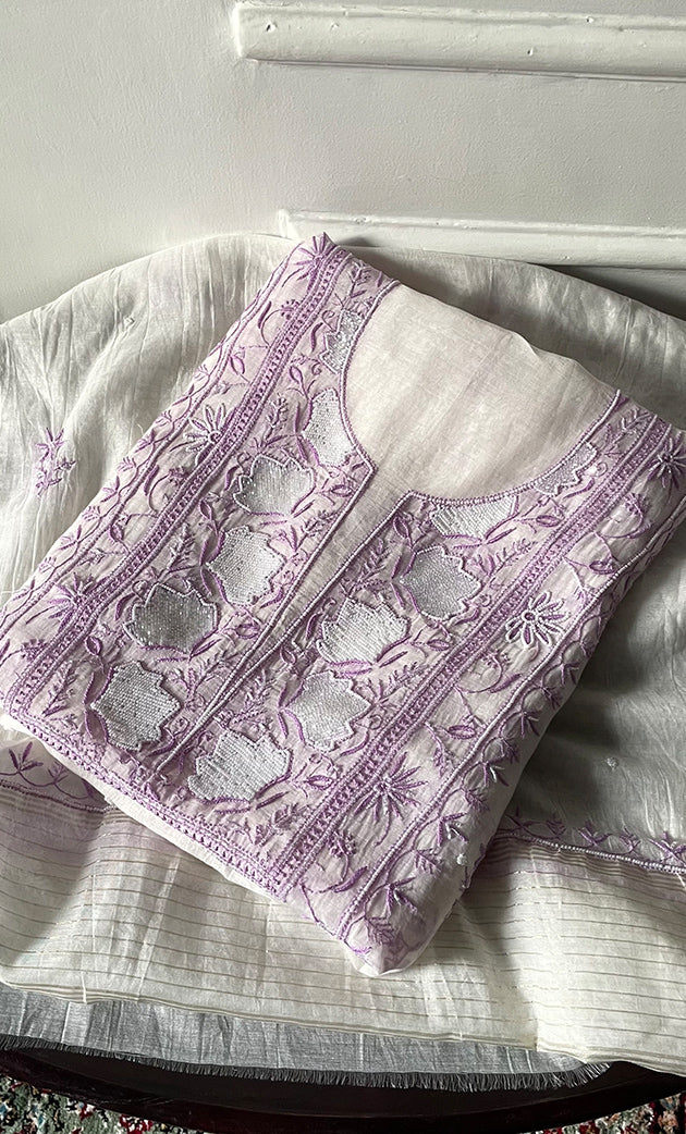 Women's Lakhnavi Handcrafted Unstitched Mul Chanderi Kurta And Dupatta Set - HONC0327491