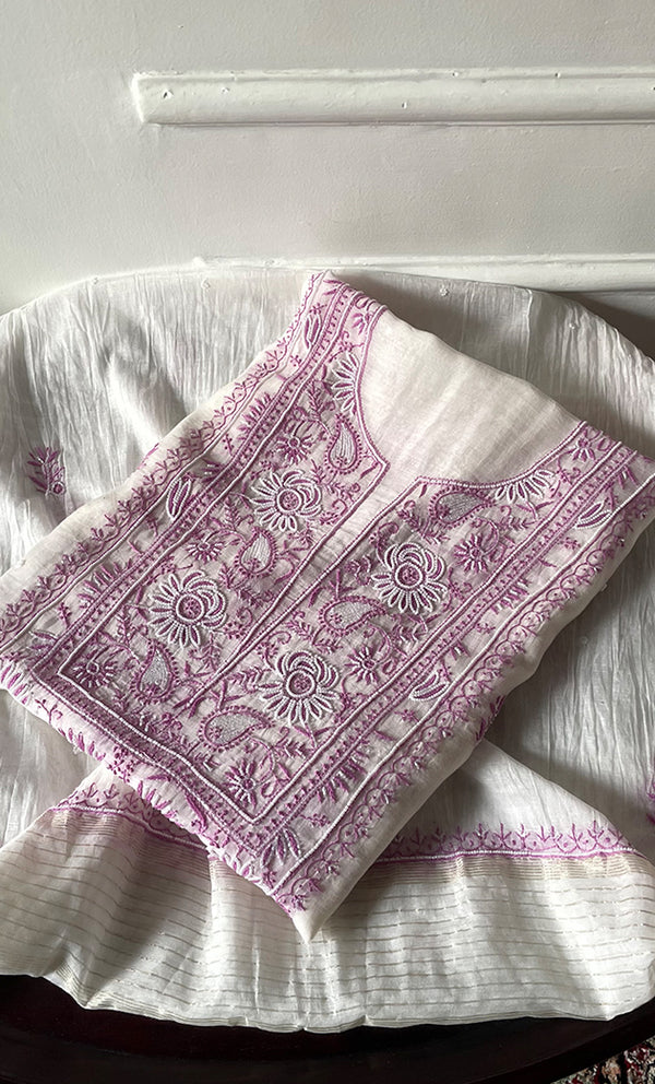 Women's Lakhnavi Handcrafted Unstitched Mul Chanderi Kurta And Dupatta Set - HONC0327488
