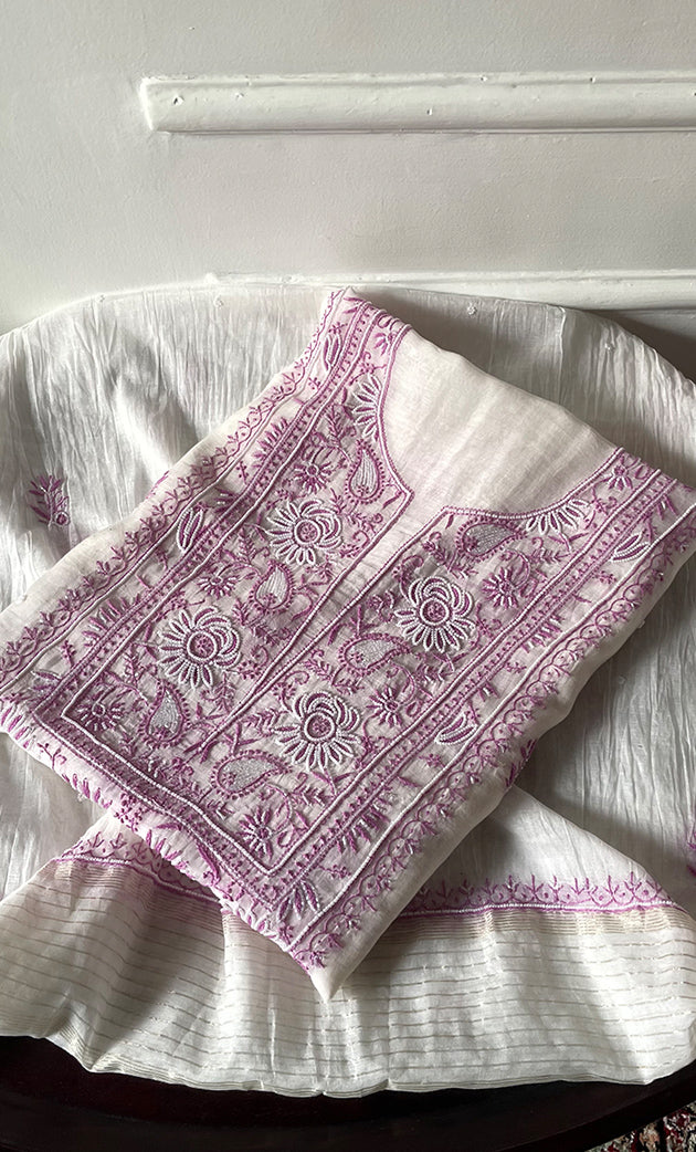 Women's Lakhnavi Handcrafted Unstitched Mul Chanderi Kurta And Dupatta Set - HONC0327488