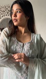 Load image into Gallery viewer, Saziya Women's Lakhnavi Handcrafted Mul Chanderi Chikankari Stitched Kurta, Dupatta And Pant Set - HONC0324263