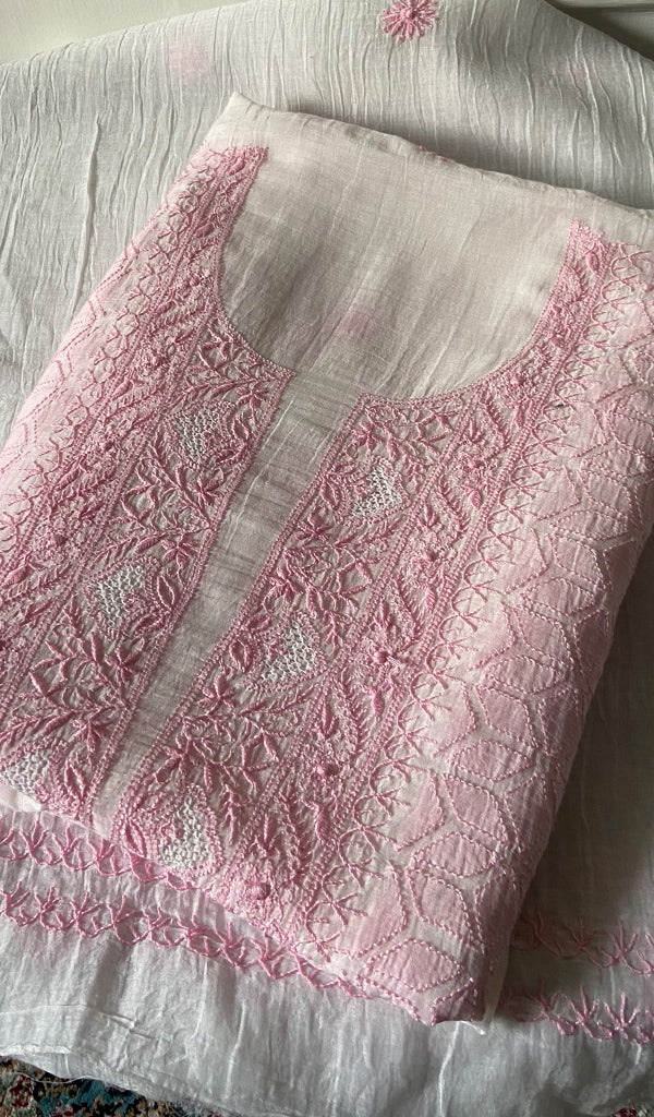 Women's Lakhnavi Handcrafted Mul Chanderi Unstitched Kurta And Dupatta Set - HONC0317226