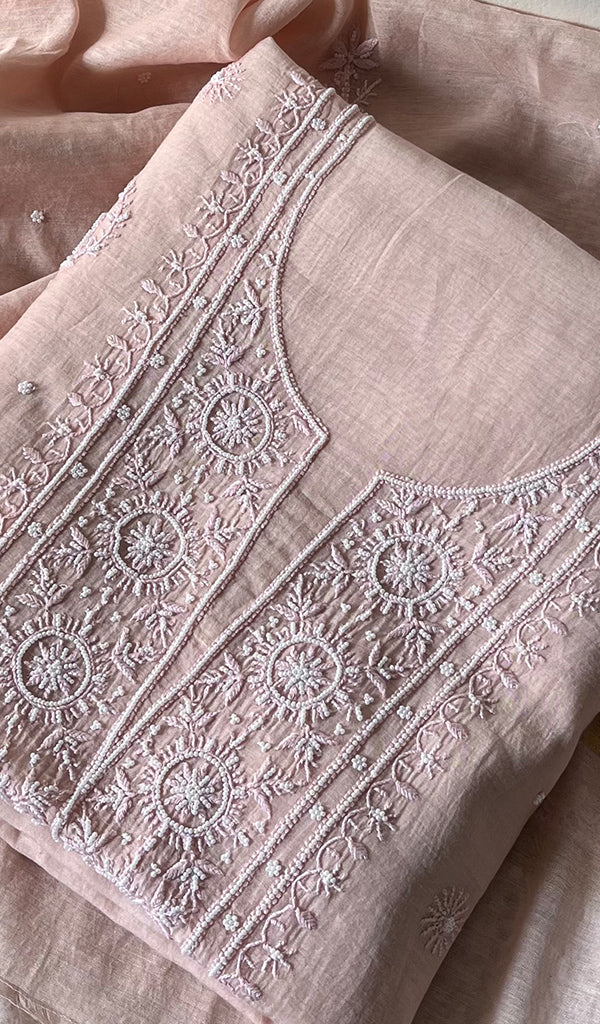 Women's Lakhnavi Handcrafted Mul Chanderi Chikankari Full Suit Material - HONC0279291
