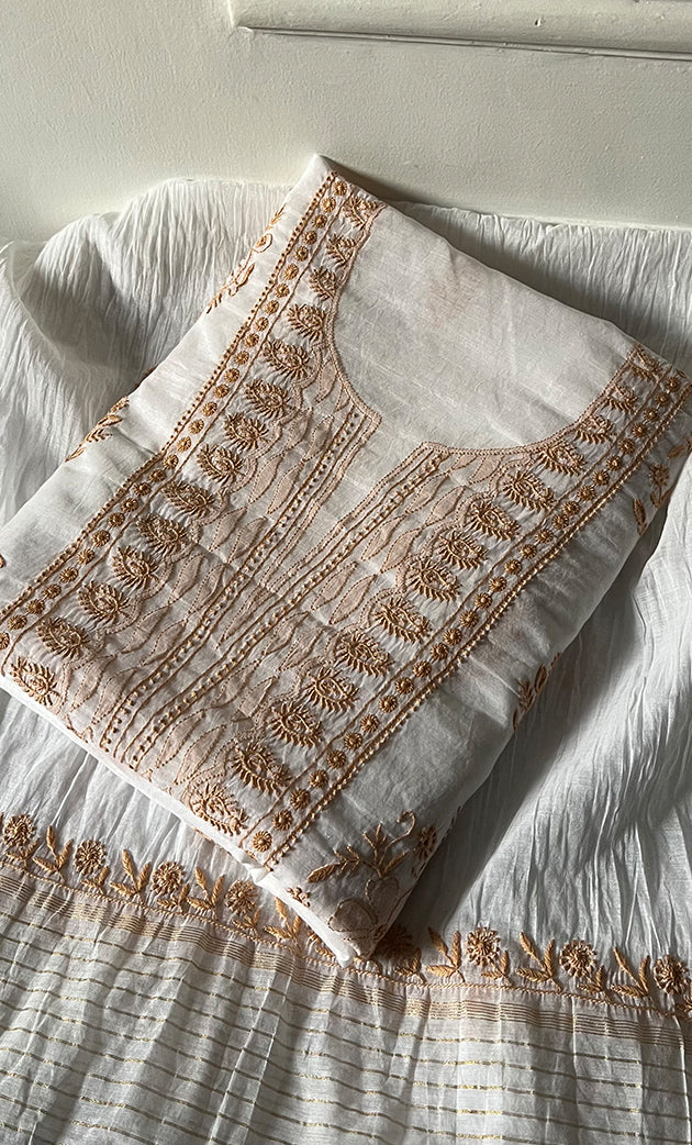 Women's Lakhnavi Handcrafted Mul Chanderi Unstitched Kurta And Dupatta Set- HONC0329236