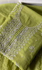 Load image into Gallery viewer, Women's Lakhnavi Handcrafted Mul Chanderi Unstitched Chikankari Full Suit Material - HONC0328322