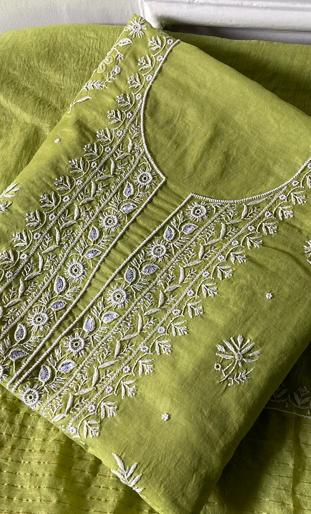Women's Lakhnavi Handcrafted Mul Chanderi Unstitched Chikankari Full Suit Material - HONC0328322