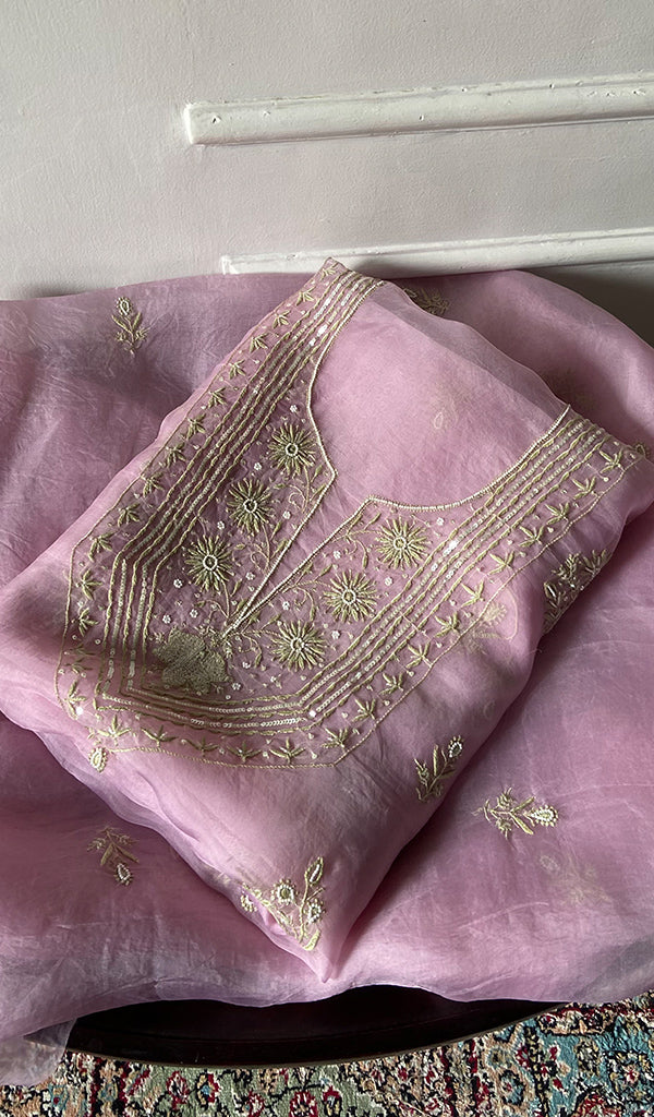 Women's Lakhnavi Handcrafted Pure Organza Chikankari Unstitched Kurta And Dupatta Set- HONC0348010