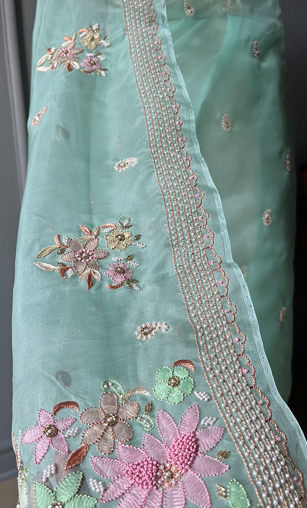 Women's Lucknowi Handcrafted Pure Organza Silk Chikankari Saree - HONC0287002