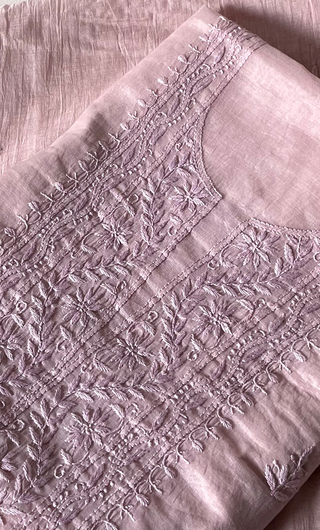 Women's Lakhnavi Handcrafted Mul Chanderi Unstitched Chikankari Full Suit Material - HONC0319532